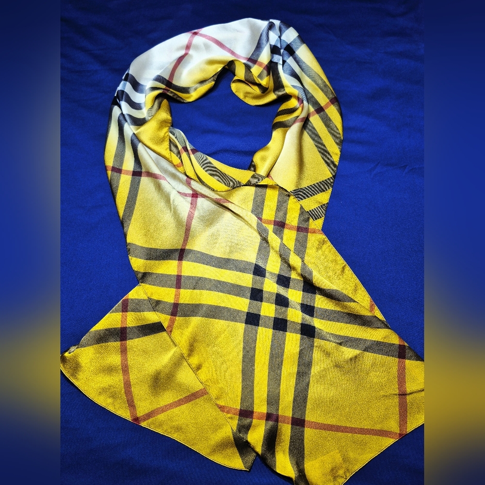 Burberry Yellow Plaid Silk Scarf with Black and Red Accents - Picture 9 of 11